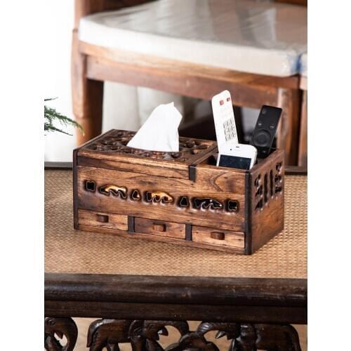 Retro hollow wooden desktop classical tissue box Living room with drawer remote control wooden finishing storage boxs