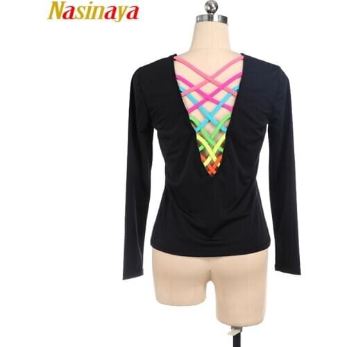 Figure Skating T shirt Tops for Girl Women Adult Training Competition Patinaje Ice Skating Gymnastics warm color belt