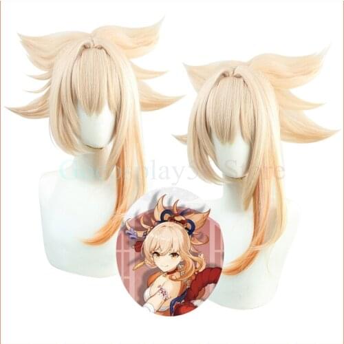 Genshin Impact Cosplay Yoimiya Wig Ponytail INAZUMA Gradient Blond Orange Heat Resistant Hair Halloween Game Role Play