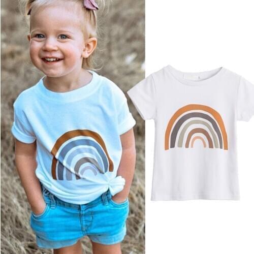Graphic T Shirts For Boys Girls Rainbow Printed Cotton Tops 3-8 Years Kids White Short Sleeve Tee Shirt Children Casual Clothes