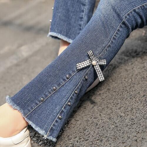 Hot Sale Girls Fashion Pearls Bow Jeans Spring Fall Kids Cute Beading Denim Pants Childrens Lace Tassel Casual Trousers X421