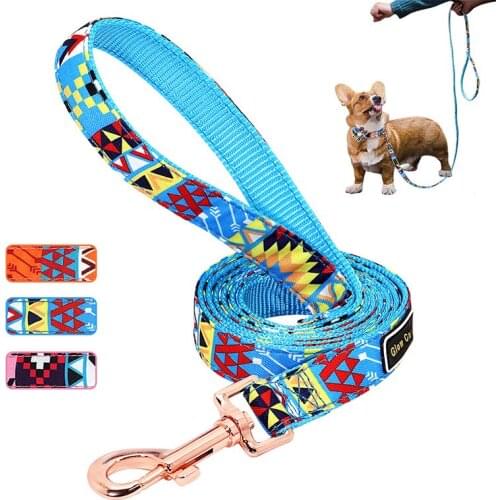 2021 New Nylon Training Dog Leash Printed Nylon Pet Leash with Personalized Striped Dog Leash Walking Leash Dog Leads Chain