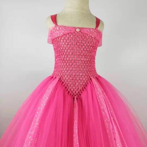 New Girls Pink Glitter Tutu Dress Kids Crochet Sparkle Tulle Dress Long Ball Gown Children Birthday Party Costume Princess Dress