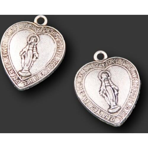 15pcs Silver Plated Catholic Heart Shaped Virgin Mary Pendants Retro Bracelet Metal Accessories DIY Charms Jewelry Crafts Making