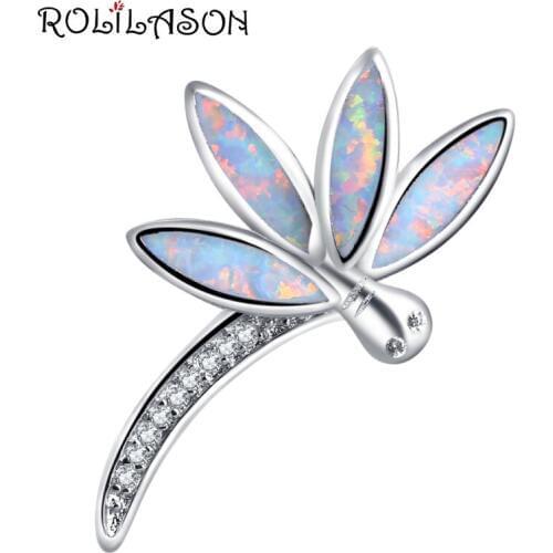 ROLILASON For girl Cute Dragonfly Animal desgin white Fire Opal Silver Stamped fashion jewelry Necklace Pendants OP810