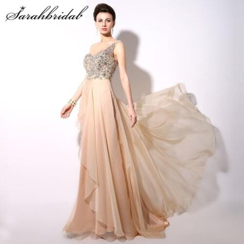Vestido De Festa Illusion Back Champagne Evening Dresses Real Photo Chiffon One Shoulder Crystal Beading Prom Party Gown YD004