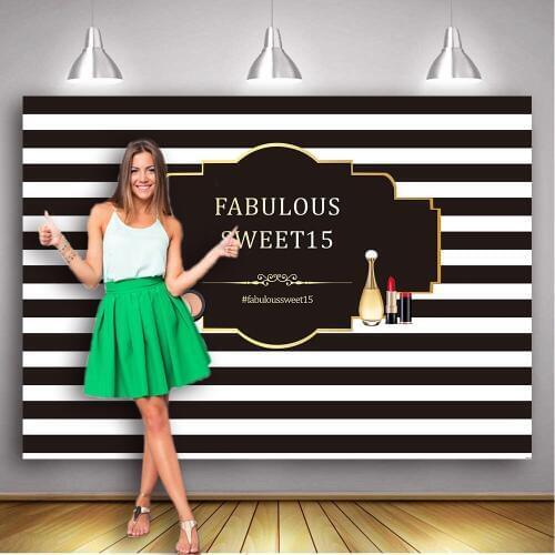 Fabulous sweet 15 backdrop black and white stripe birthday party decoration background photography studio props custom