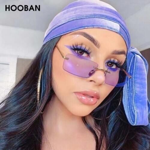 HOOBAN 2020 Rectangle Small Sunglasses Women Luxury Brand Rimless Ladies Sun Glasses Fashion Ocean Colors Eyeglasses UV400