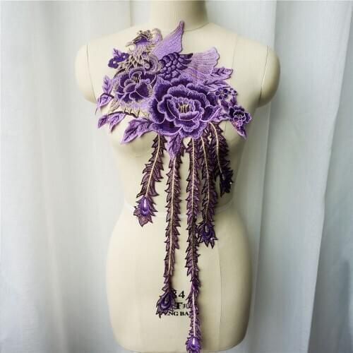 Purple Peacock Phoenix Long Tail Flower Embroidered Fabric Gown Appliques Collar Sew Patch For Wedding Decoration Dress DIY