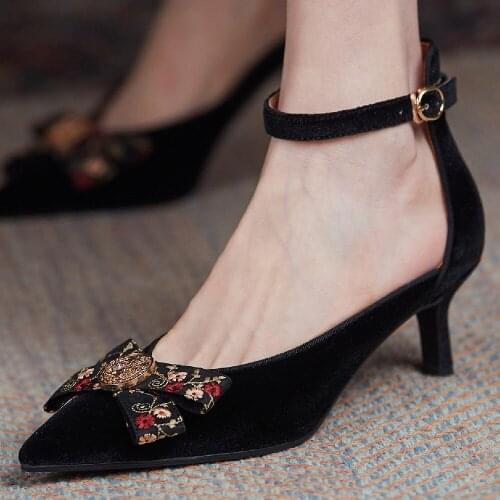 Womens velvet thin high heel pointed toe ankle strap pumps elegant ladies evening heels bowtie ladies slim dress shoes women
