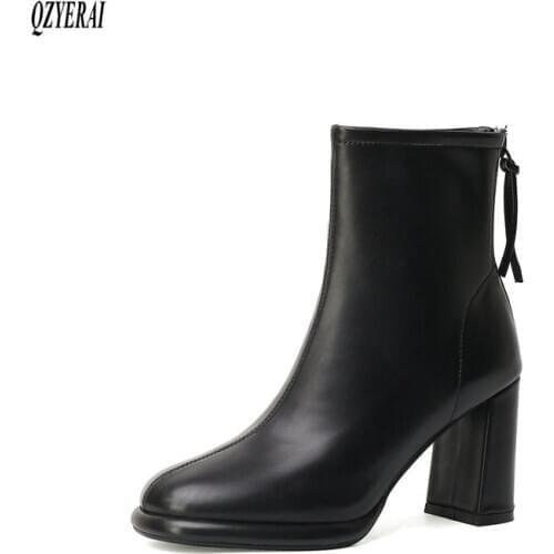 New women Ankle boots Genuine leather Female boots High heels black white cowhide Autumn winter Women shoes Size 34-42
