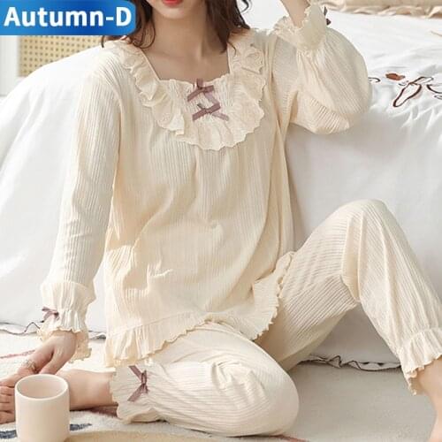 Womens Pajamas Sets Cotton Sleepwear Lace Pijama Long Sleeved Home Clothes Trouser Suits Female Night Wear Plus Size Pyjamas