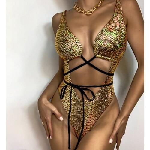 Women Swimsuit Strappy PU Leather High Leg One-piece Bikini Swimwear Sexy Spaghetti Straps Solid Swimming Bathing Suit