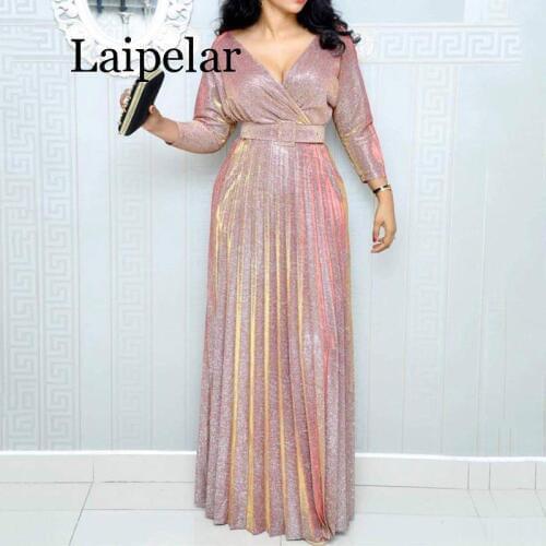 2019 Reflective Long Dress Women Pleated Sexy Deep V Neck Elegant Spring High Waist Belt Glitter Evening Party Dress