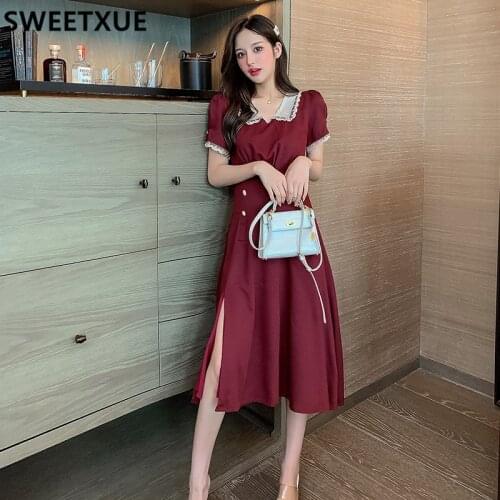 SWEETXUE Red Retro Dress Women Summer Dress 2021 New Temperament Doll Collar Elegant Fashion Long Dress Women Vestidos