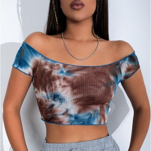 2021 Summer Women Tie Dye T-shirt Short Sleeve Cotton Off Shoulder Crop Tops Colorful Shirt High Street Pullover Y2k