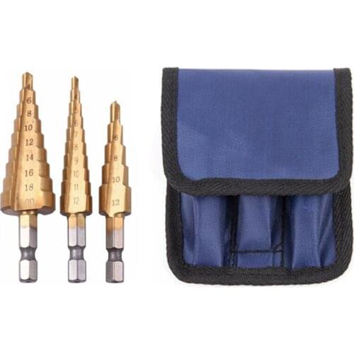 ABSF 3Pc Hss Step Cone Taper Drill Bit Set Metal Hole Cutter Metric 3-12 4-12 4-20Mm 1/4 inch Titanium Coated Metal Hex Taper
