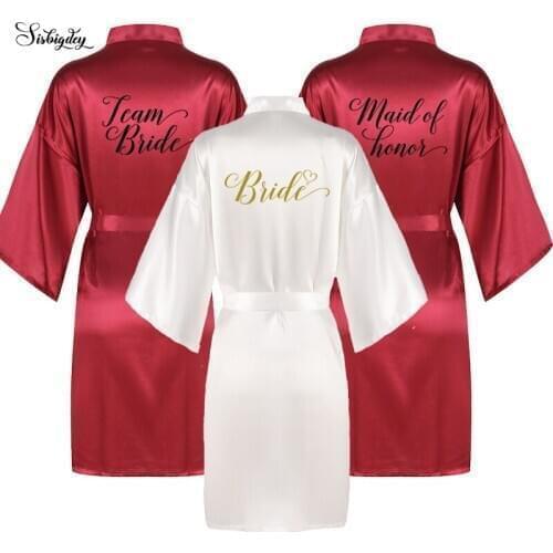 Bride Satin Robes women 2020 wedding nightwear short pajamas burgundy dressing gown bestfriend bridesmaid wine red kimono Robes