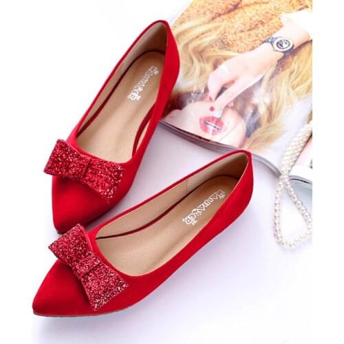 Soft Bottom wedding shoes ladies sequins bowknot moccasines flats shoes pointed suede oxford loafers ballet ballerina shoe 34-43