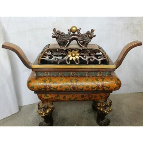 Free shipping S2183 27" Chinese Cloisonne Bronze 24K Gold Dragon 4 Foot Beast Incense Burner Censer