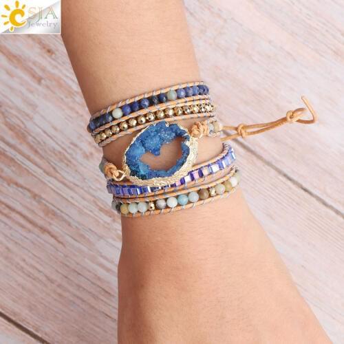 CSJA Boho Natural Stone Beaded Bracelets Multilayer Leather Wrap Handmade Bracelet Gilded Blue Drusy Druzy Charms Jewelry S433