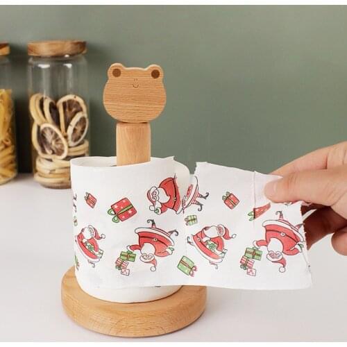 Japanese Style Wooden Roll Paper Holder Vertical Stand Anti Slip Base Cute Cartoon Animal Head Tissue Holder Kitchen Accessories