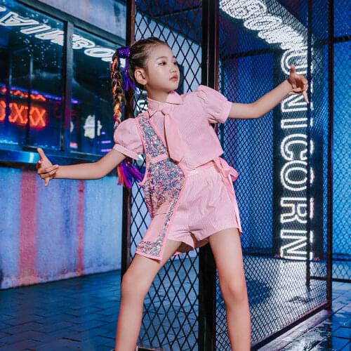 Kids Pink Suit Short-Sleeved Sequined Shirt Shorts Jazz Dance Costumes For Girls Hip Hop Dance Rave Outfit Stage Wear XS2550