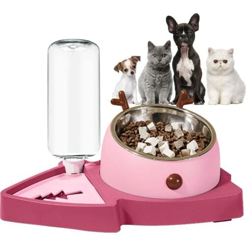 Cat Dog Double Bowl Automatic Waterer Stainless Steel Bowl To Protect Pets Cervical Spine with Non-Slip Bottom Split Design