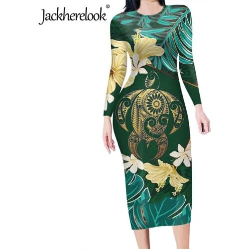 Jackherelook New Autumn Women Pencil Dresses Samoan Hawaii Turtle Hibiscus Print Office Bodycon Dress Elegant Vestidos de Mujer