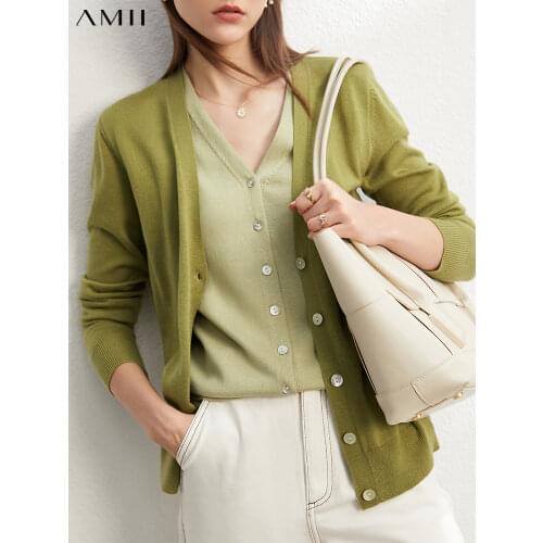 Amii Minimalism Summer Womens Cardigan Fashion V Neck Full Sleeve Knitted Tops Elegant Thin Loose Spliced Sweaters 12120327