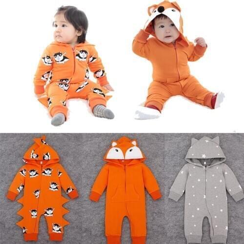 For 0-18M Baby Boys Romper Long Sleeve Jumpsuit Cute Cartoon Outfits Clothing Cotton Hooded Rompper Infant Girls Boys Clothes