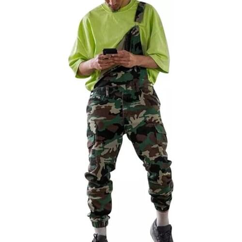 Camouflage Denim Overalls Men Causal Straight Mid Waist Jeans Jumpsuit Man Loose Distressed Denim Bib Pants Pantalon Streetwear
