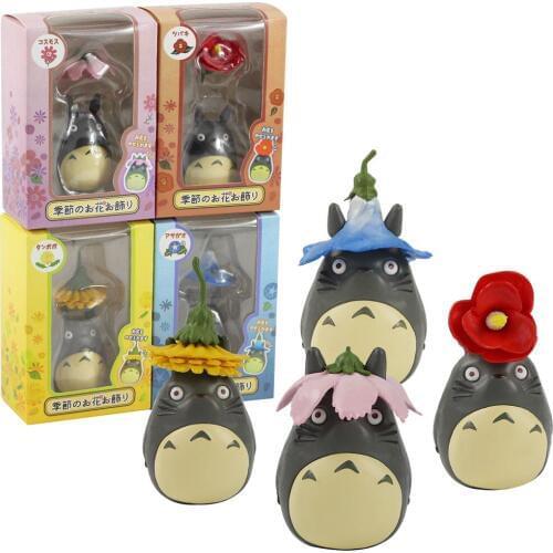 4pcs My Neighbor Totoro Figures Totoro with Season Flowers Bloom Morning Glory Chrysanthemum Model Toys Birthday Gifts