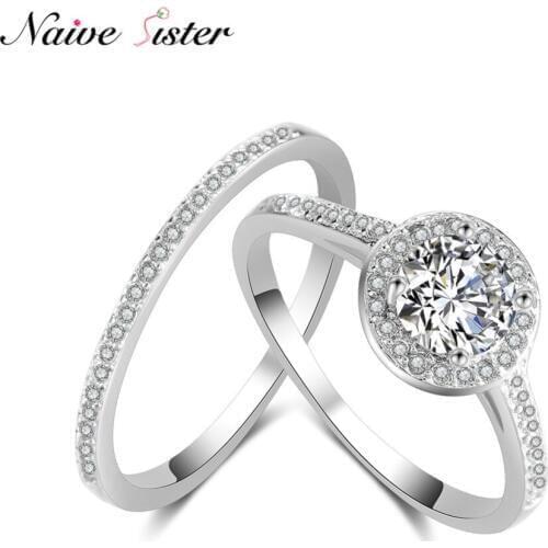 Classic 2 Rounds Rings For Women Round Shape Engagement Ring Set Ladies Wedding Band AAA Cubic Zirconia Shiny Copper Jewelry