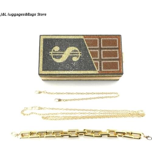 M68C Clutch Dollar Chocolate Rhinestone Evening Purse Party Hand Bag Rhinestone Money Pouch Cocktail Wedding Dinner Bags