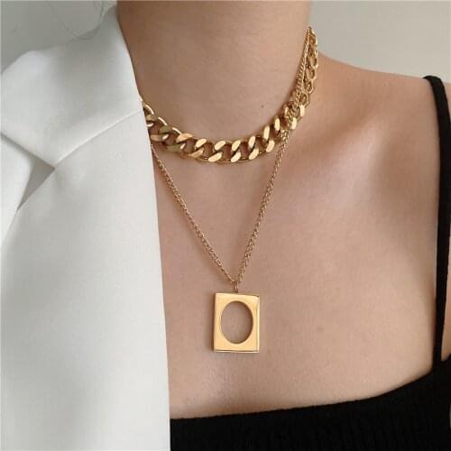 SRCOI Trendy Double-Layer Stacked Stainless Steel Necklace Simple Square Hollow Pendant Cuban Thick Chain Women Jewelry Gifts