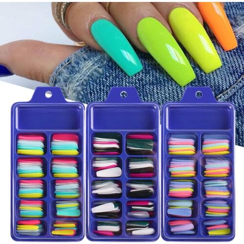 100pcs False Nails Long Press on Nails Set Nail Coffin Ballerina Solid Color Pink White Acrylic Tips Nail Capsule Tools NT1895