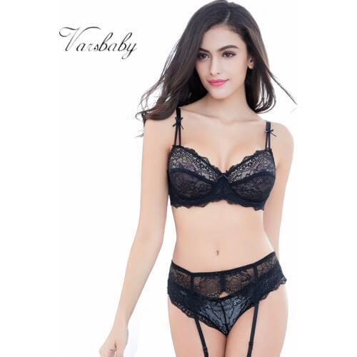 Varsbaby lace sexy comfortable breathable underwear thin cup bra+panties+ garter 3pcs