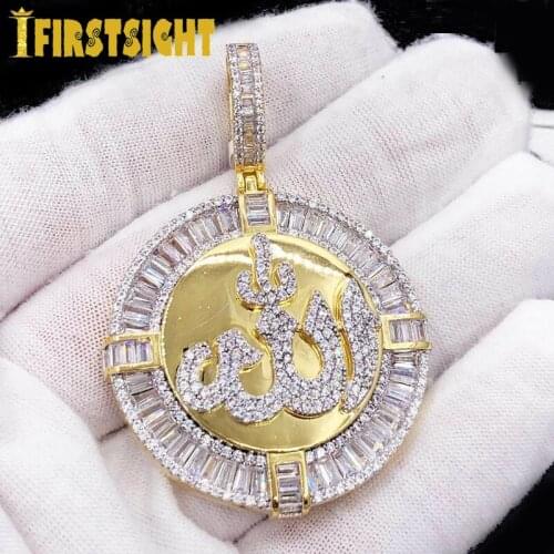 New Iced Out Silver Color Round Muslims Allah Necklace Pave Zircon Baguette CZ Allah Pendant Necklace Women Men Hip Hop Jewelry