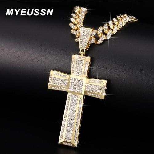 Gold Color Cross Pendant Necklace Men Hip Hop 13Mm Cuban Chain Necklace Iced Out Bling Cross Pendant Hip Hop Jewelry Gift Women