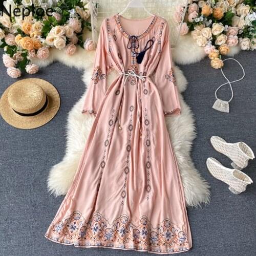 Neploe Indie Folk Vintage Embroidery Dress Fashion O-Neck Sashes Slim Waist Dresses Femme Loose Long Sleeve Mid-Calf Vestidos