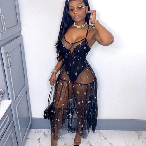 Sexy See-through Mesh Cover Up Long Dresses for Women Spaghetti Strap Bling Bling Star Hot Stamping Night Party Dress Robe Femme