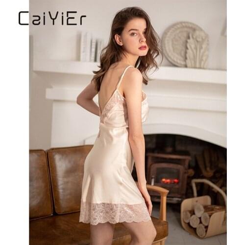 CAIYIER 2021 Sexy Lace Backless Silk Night Dress Female V-Neck Sleepshirt Hot Girls Solid Nightwear Women Lingerie Mini Dress