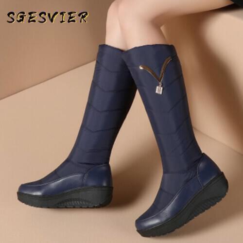 SGESVIER Classic Down Female Big Size Wedges Snow Boots Winter Warm Metal Women Knee High Boots Casual Shoes Woman Long Boots