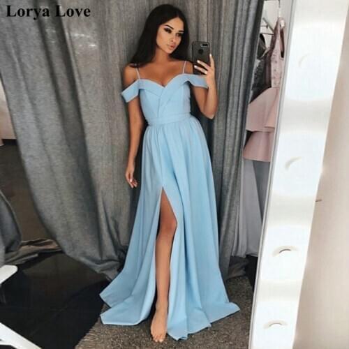 Light Blue Split Prom Dresses 2020 Women Formal Party Long Vestidos Gala Simple Spaghetti Straps Robes Elegant Evening Gowns