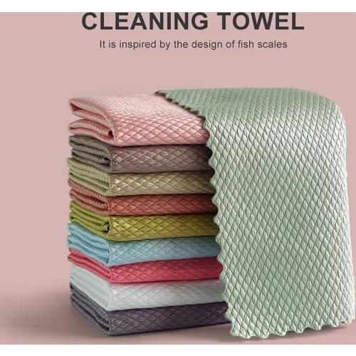 11 Pieces Fish Scale Cloths Reusable Washable Super Absorbent Dish Cloths Kitchen Towels Fish Scale Cleaning Rags with Brush
