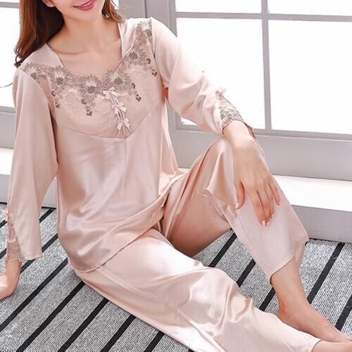 Women Sexy Long Sleeve Lace Floral Embroidery Top Pants Sleepwear Homewear Set