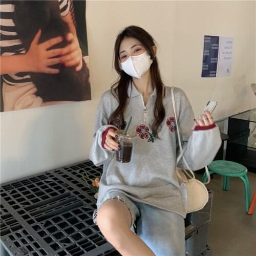 Spring and autumn new loose Korean flower polo collar long-sleeved T-shirt women