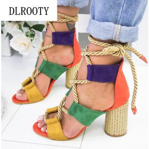Woman Sandals Shoes Summer Pumps High Heels Thick Peep Toe Lace Up Fashion Hollow Mixed Colors Gladiator Plus Size 34-43