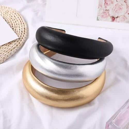 Women PU Padded Wide Sponge Headband Solid Sweet Gold Silver Color Hair Hoop Vintage Party Stretchy Thick Headpiece